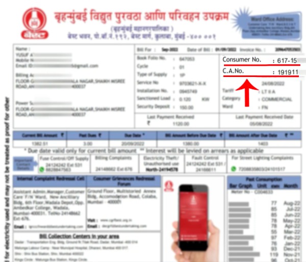 Consumer number and CA number Location BEST Electricity Bill