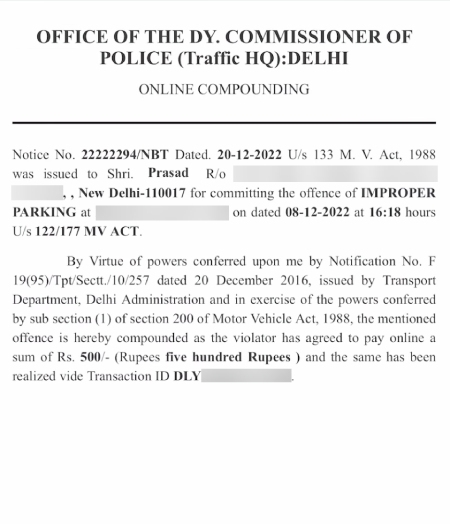 Delhi Traffic Police E-Challan Receipt