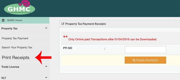 Download Property Tax Payment Receipt Hyderabad Corporation Step 1