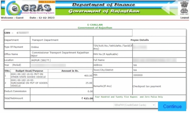 How To Pay Rajasthan Road Tax Online Step 11