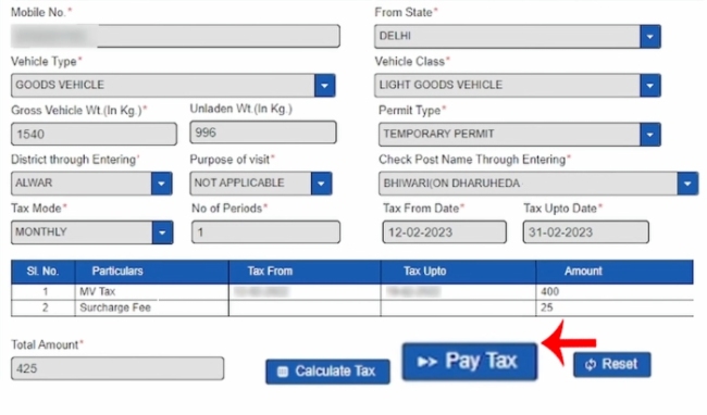 How To Pay Rajasthan Road Tax Online Step 6
