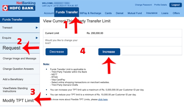 How to Increase HDFC Account Fund Transfer Limit Step 3