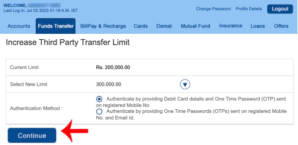 How to Increase HDFC Account Fund Transfer Limit Step 4