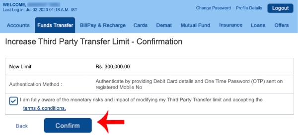 How to Increase HDFC Account Fund Transfer Limit Step 5