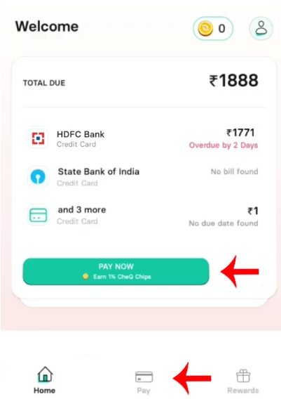 How to Pay Your Credit Card Bill Using the CheQ App Step 1