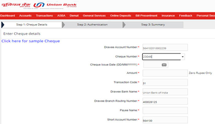 How to Submit cheque details via Union Bank Internet Banking Step 2