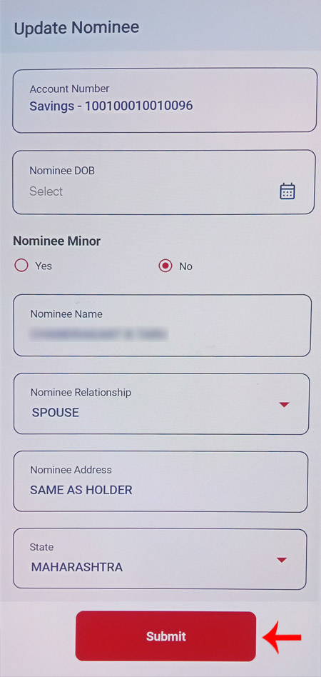 How to add Nominee in Union Bank Savings account Using Vyom app Step 6