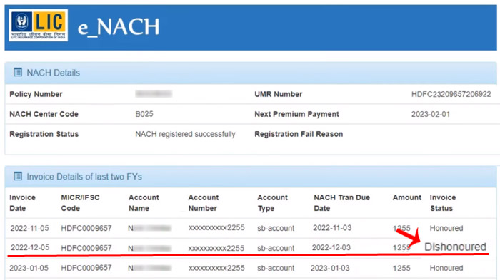 How to check LIC eNACH Bank Transaction Details Step 5