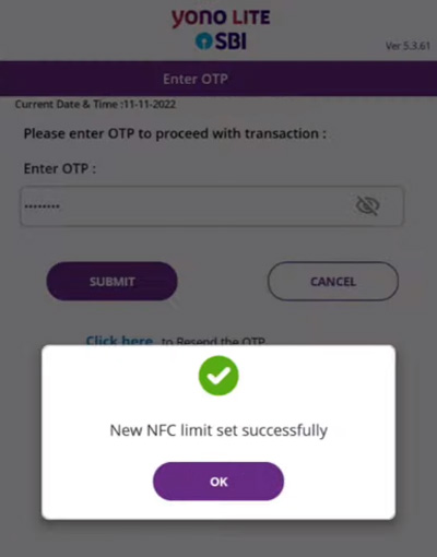 How to set the Limit for NFC on SBI debit cards Step 5