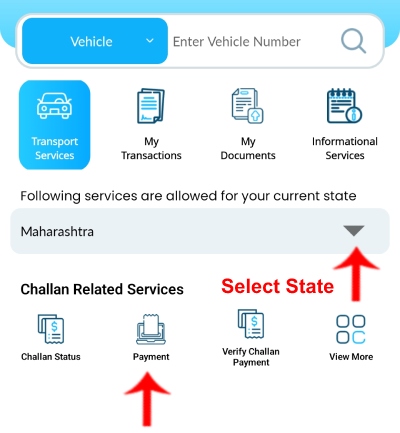 Pay Traffic E-Challan Fines in mParivahan App Step 2