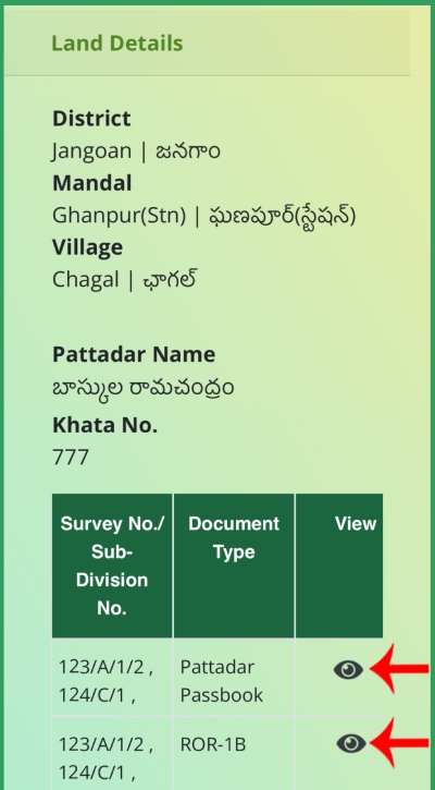 Search Telangana Pahani 1B By Pattadar Passbook Number Step 2