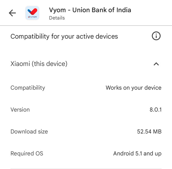 Vyom App Compatibility Details